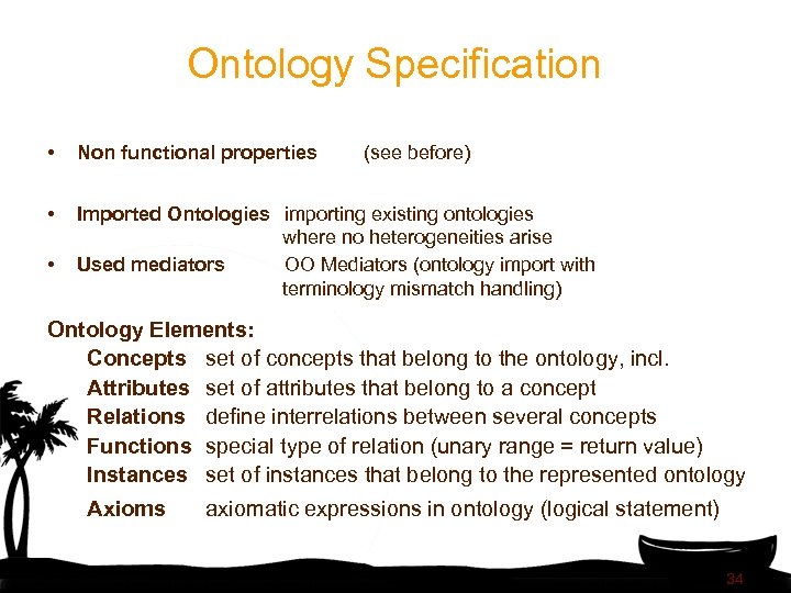 Ontology Specification • Non functional properties • Imported Ontologies importing existing ontologies where no