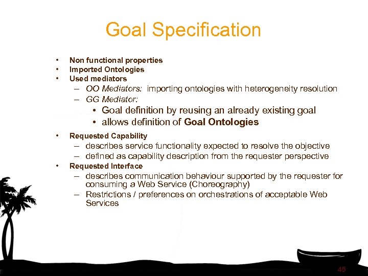 Goal Specification • • • Non functional properties Imported Ontologies Used mediators – OO