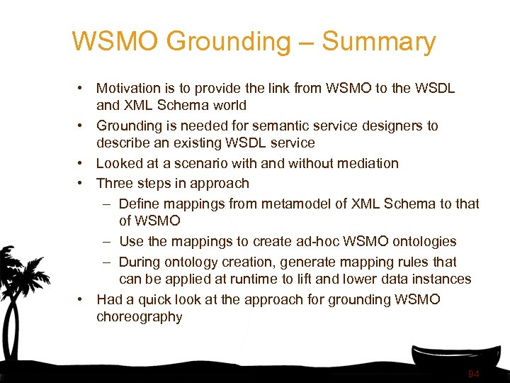 WSMO Grounding – Summary • Motivation is to provide the link from WSMO to