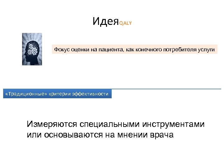 Идея. QALY Фокус оценки на пациента, как конечного потребителя услуги «Традиционные» критерии эффективности Измеряются