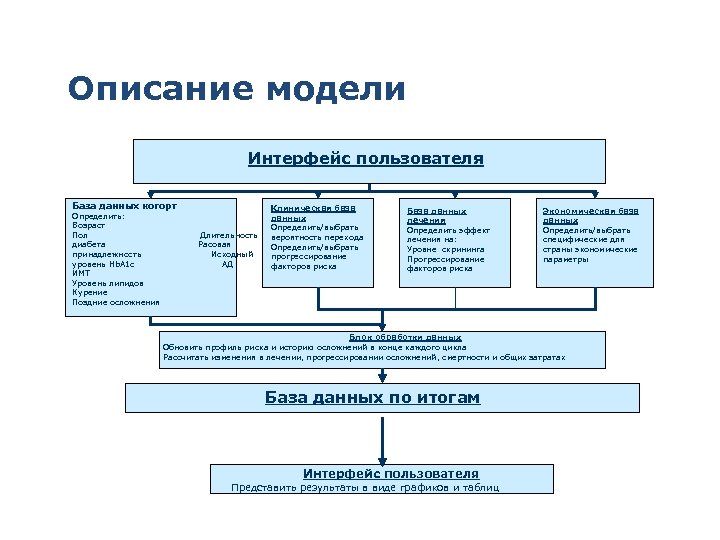 Описание модели Интерфейс пользователя База данных когорт Клиническая база База данных Определить: данных лечения