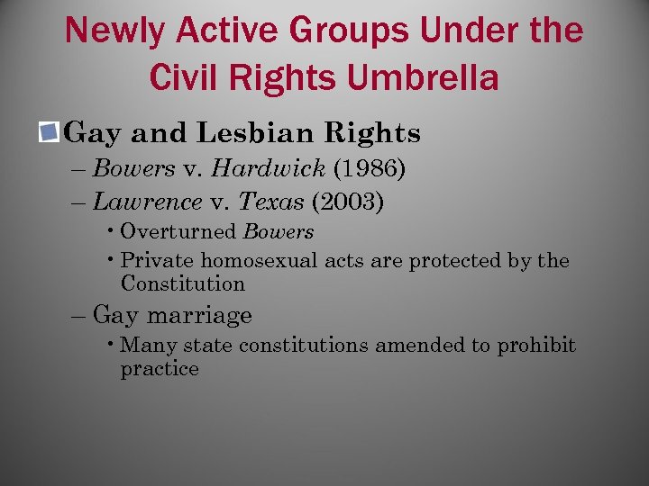 Newly Active Groups Under the Civil Rights Umbrella Gay and Lesbian Rights – Bowers