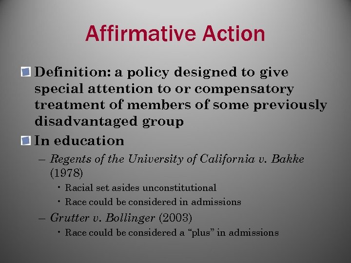 Affirmative Action Definition: a policy designed to give special attention to or compensatory treatment