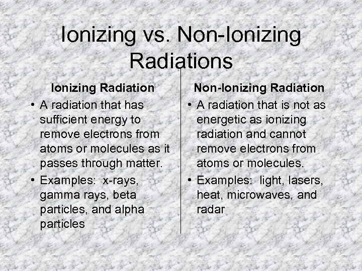 Ionizing vs. Non-Ionizing Radiations Ionizing Radiation • A radiation that has sufficient energy to