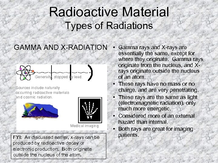 Radioactive Material Types of Radiations GAMMA AND X-RADIATION Generally, stopped by lead. Sources include