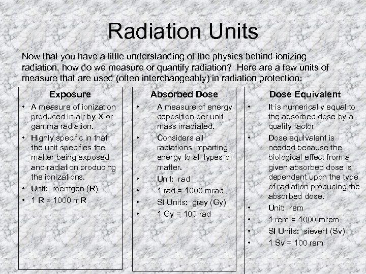 Radiation Units Now that you have a little understanding of the physics behind ionizing