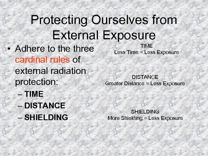 Protecting Ourselves from External Exposure • Adhere to the three cardinal rules of external