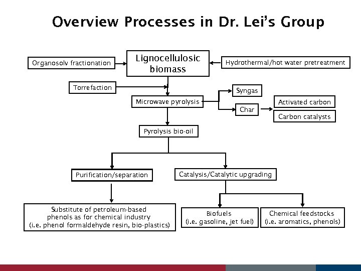 Overview Processes in Dr. Lei’s Group Organosolv fractionation Lignocellulosic biomass Torrefaction Hydrothermal/hot water pretreatment