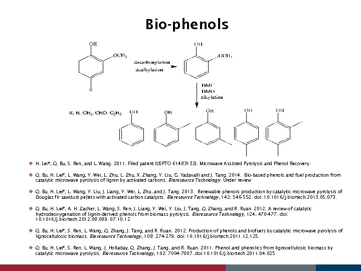 Bio-phenols v H. Lei*, Q. Bu, S. Ren, and L. Wang. 2011. Filed patent