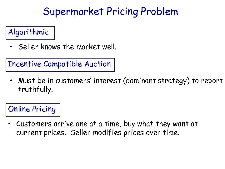 Supermarket Pricing Problem Algorithmic • Seller knows the market well. Incentive Compatible Auction •