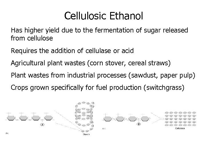 Cellulosic Ethanol Has higher yield due to the fermentation of sugar released from cellulose