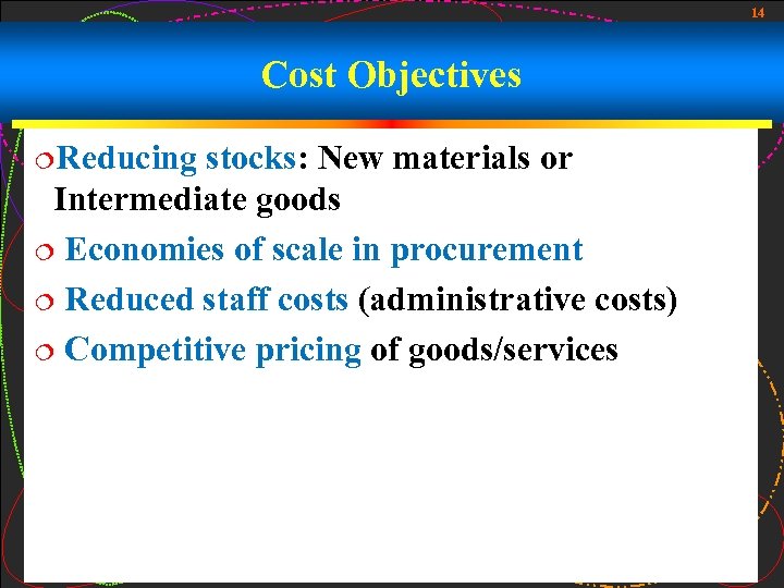 14 Cost Objectives ¦Reducing stocks: New materials or Intermediate goods ¦ Economies of scale