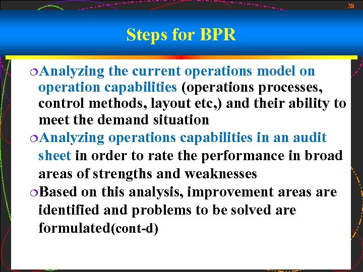 38 Steps for BPR ¦Analyzing the current operations model on operation capabilities (operations processes,