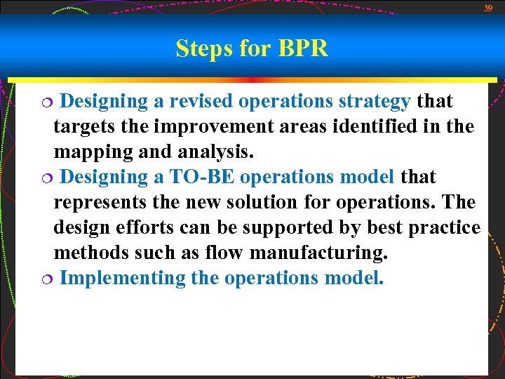 39 Steps for BPR Designing a revised operations strategy that targets the improvement areas