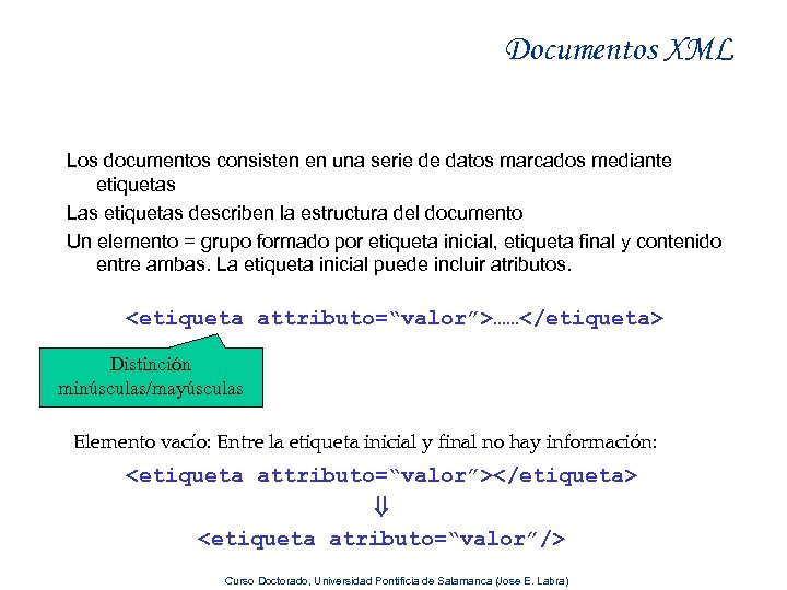 Documentos XML Los documentos consisten en una serie de datos marcados mediante etiquetas Las