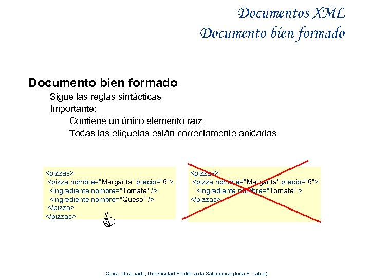 Documentos XML Documento bien formado Sigue las reglas sintácticas Importante: Contiene un único elemento