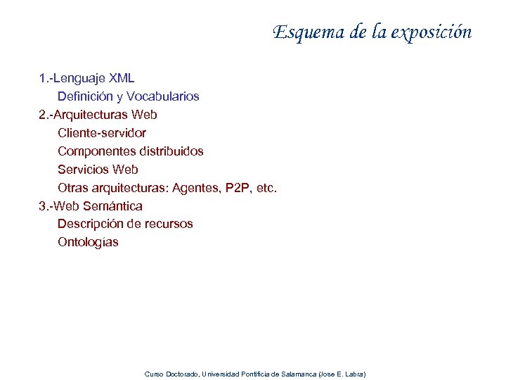 Esquema de la exposición 1. -Lenguaje XML Definición y Vocabularios 2. -Arquitecturas Web Cliente-servidor