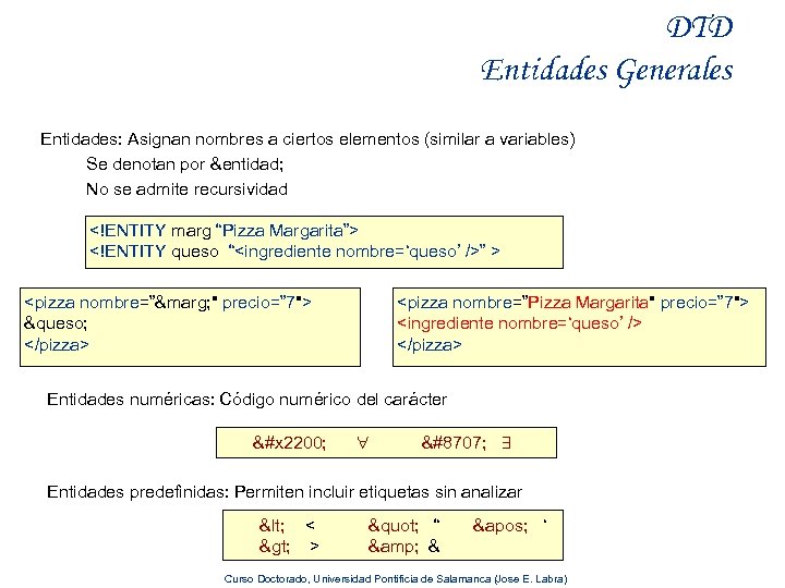 DTD Entidades Generales Entidades: Asignan nombres a ciertos elementos (similar a variables) Se denotan
