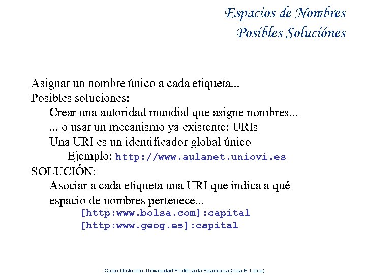 Espacios de Nombres Posibles Soluciónes Asignar un nombre único a cada etiqueta. . .