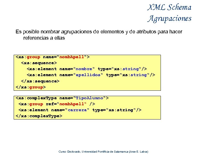 XML Schema Agrupaciones Es posible nombrar agrupaciones de elementos y de atributos para hacer