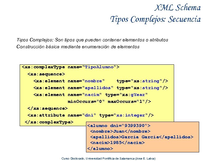XML Schema Tipos Complejos: Secuencia Tipos Complejos: Son tipos que pueden contener elementos o