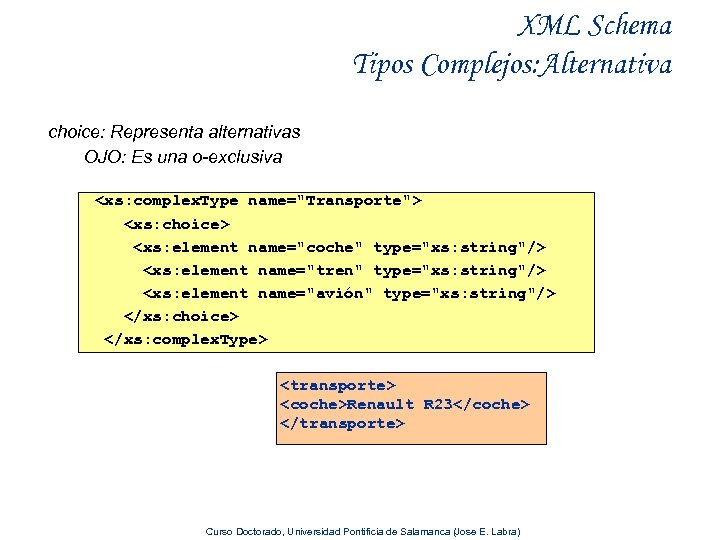 XML Schema Tipos Complejos: Alternativa choice: Representa alternativas OJO: Es una o-exclusiva <xs: complex.
