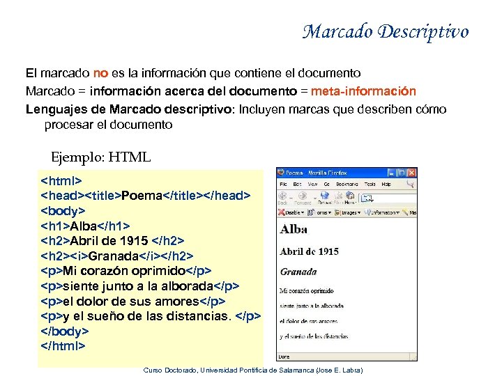 Marcado Descriptivo El marcado no es la información que contiene el documento Marcado =