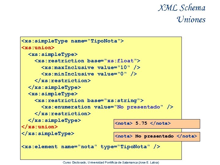 XML Schema Uniones <xs: simple. Type name="Tipo. Nota"> <xs: union> <xs: simple. Type> <xs: