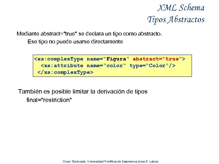 XML Schema Tipos Abstractos Mediante abstract="true" se declara un tipo como abstracto. Ese tipo