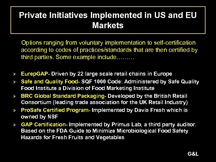 Private Initiatives Implemented in US and EU Markets Options ranging from voluntary implementation to