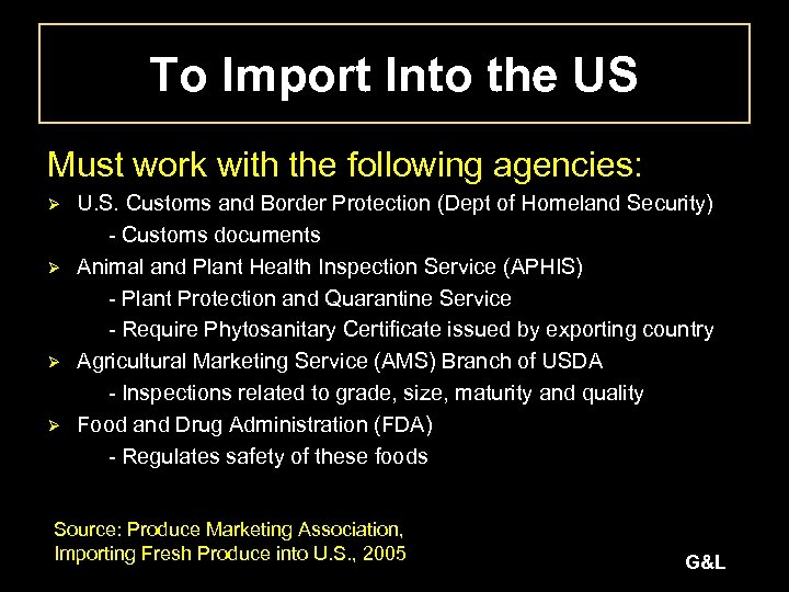 To Import Into the US Must work with the following agencies: Ø Ø U.