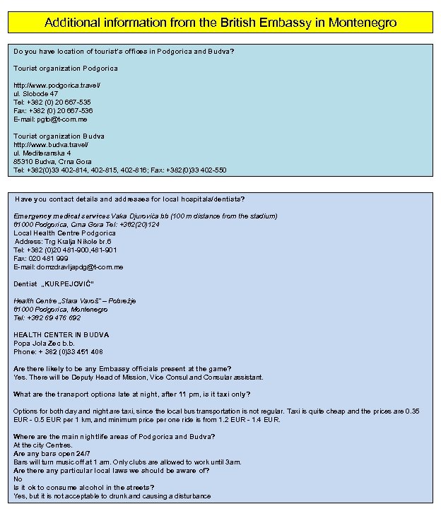 Additional information from the British Embassy in Montenegro Do you have location of tourist’s