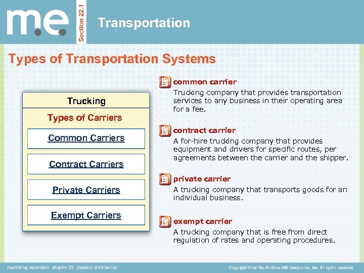 Section 22. 1 Transportation Types of Transportation Systems Trucking Types of Carriers Common Carriers