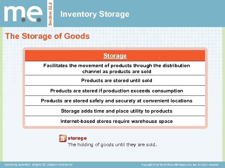 Section 22. 2 Inventory Storage The Storage of Goods Storage Facilitates the movement of