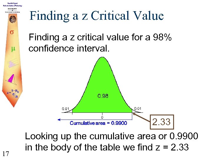 Finding a z Critical Value Finding a z critical value for a 98% confidence