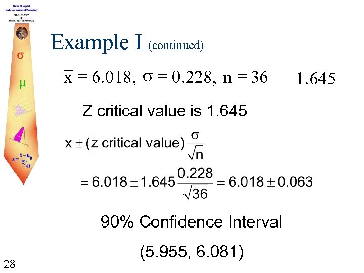 Example I (continued) x = 6. 018, = 0. 228, n = 36 Z