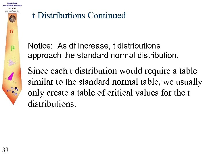 t Distributions Continued Notice: As df increase, t distributions approach the standard normal distribution.