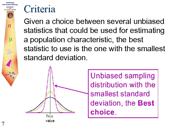 Criteria Given a choice between several unbiased statistics that could be used for estimating