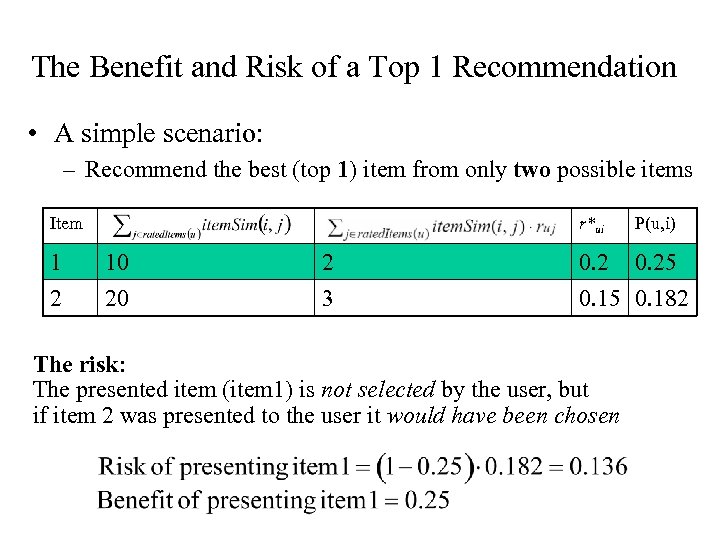 The Benefit and Risk of a Top 1 Recommendation • A simple scenario: –