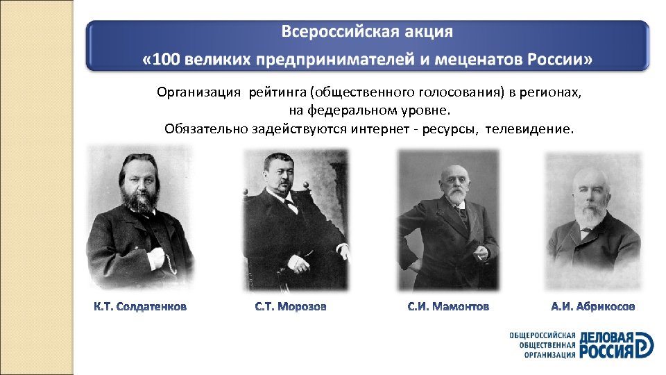 Организация рейтинга (общественного голосования) в регионах, на федеральном уровне. Обязательно задействуются интернет - ресурсы,