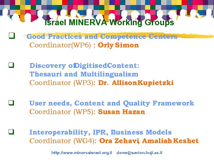 Israel MINERVA Working Groups q Good Practices and Competence Centers Coordinator(WP 6) : Orly