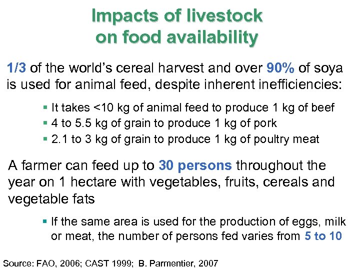 Impacts of livestock on food availability 1/3 of the world’s cereal harvest and over