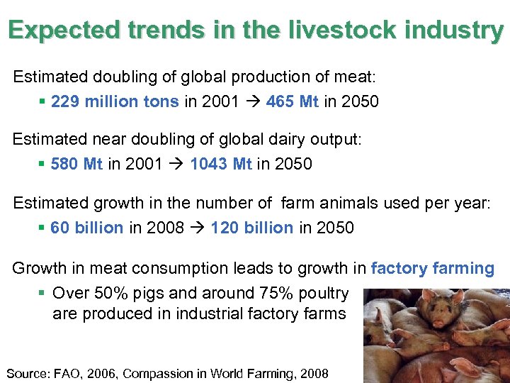 Expected trends in the livestock industry Estimated doubling of global production of meat: §