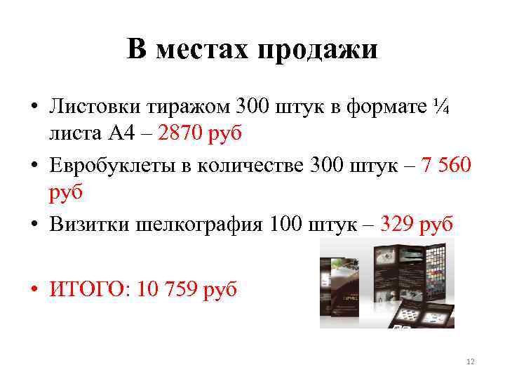 В местах продажи • Листовки тиражом 300 штук в формате ¼ листа А 4