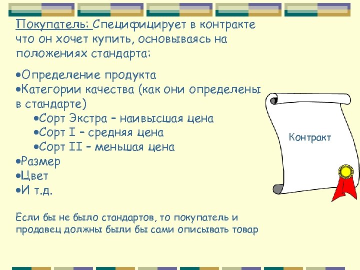 Покупатель: Специфицирует в контракте что он хочет купить, основываясь на положениях стандарта: ·Определение продукта
