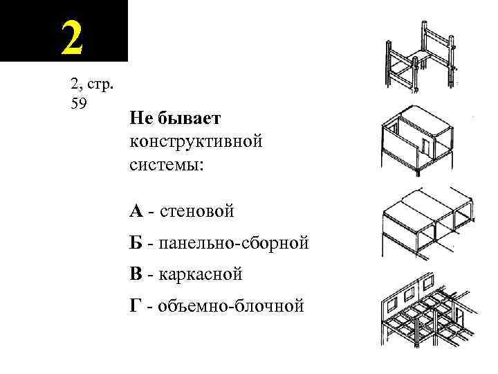 2 2, стр. 59 Не бывает конструктивной системы: А - стеновой Б - панельно-сборной