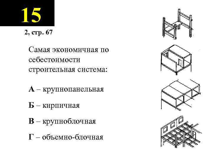 15 2, стр. 67 Самая экономичная по себестоимости строительная система: А – крупнопанельная Б