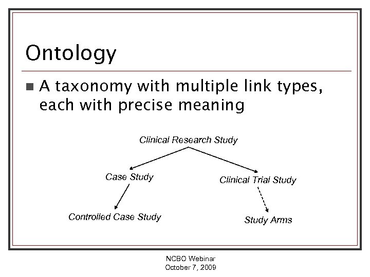 Ontology n A taxonomy with multiple link types, each with precise meaning Clinical Research
