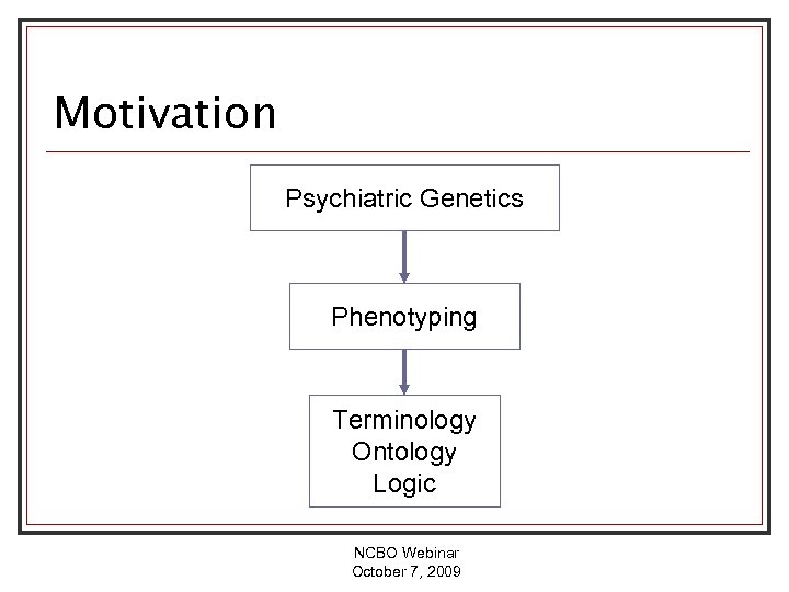 Motivation Psychiatric Genetics Phenotyping Terminology Ontology Logic NCBO Webinar October 7, 2009 