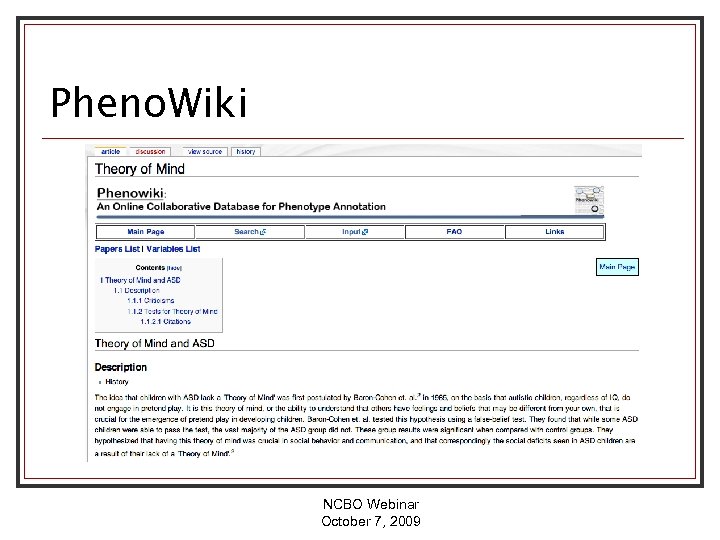 Pheno. Wiki NCBO Webinar October 7, 2009 